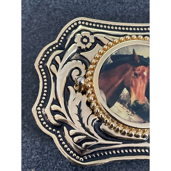 Vintage Belt Buckle Double Horse Portrait Goldtone Black  4 x 2.75" 1.5" Belt - Picture 2 of 7